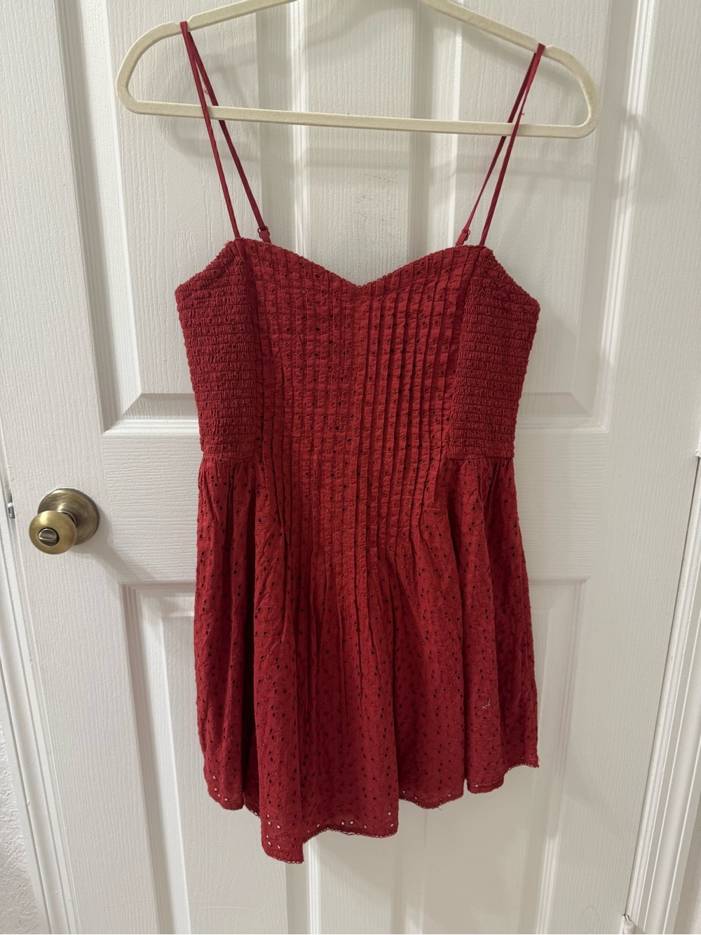 Aerie Women's Red Smocked Eyelet Mini Dress